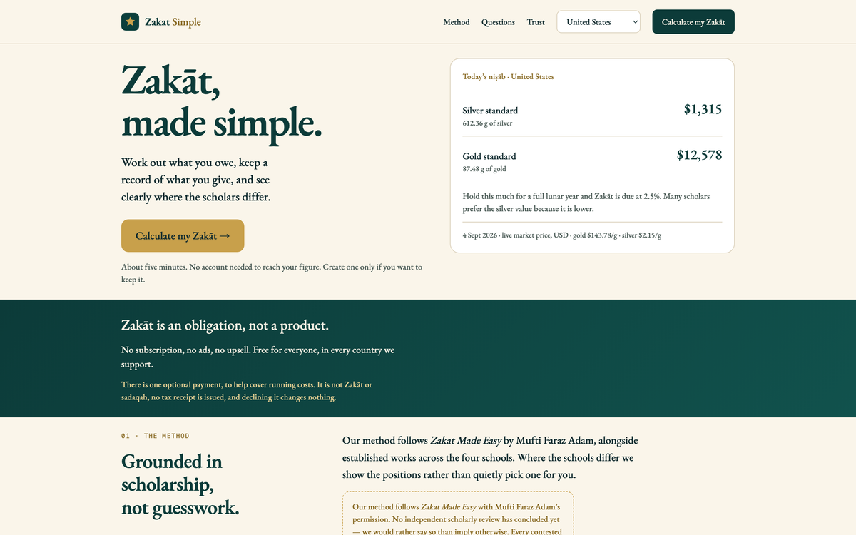 Zakat Simple showing the current niṣāb thresholds for gold and silver.